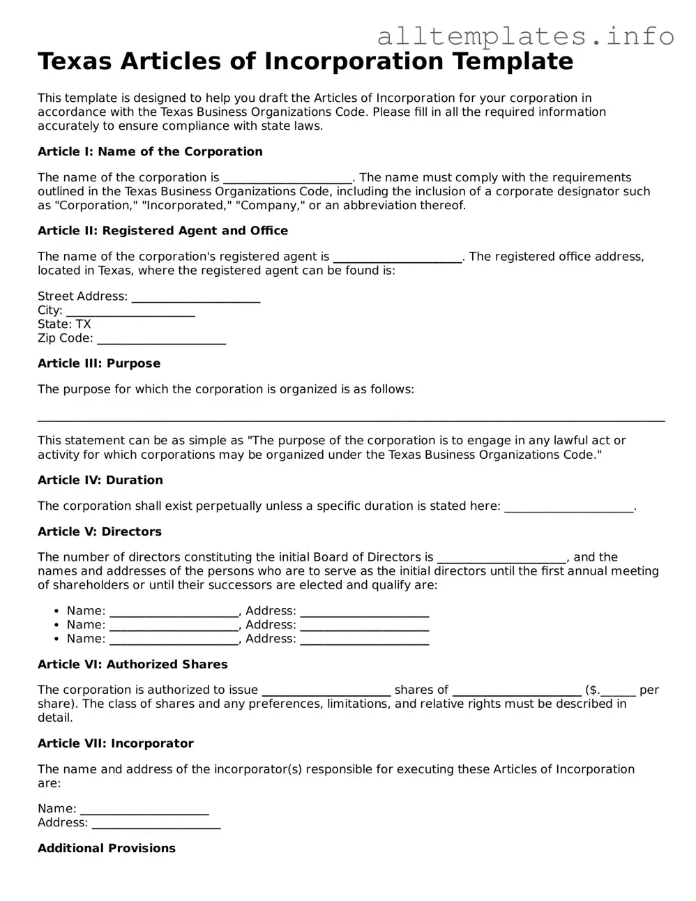 Attorney-Approved  Articles of Incorporation Document for Texas