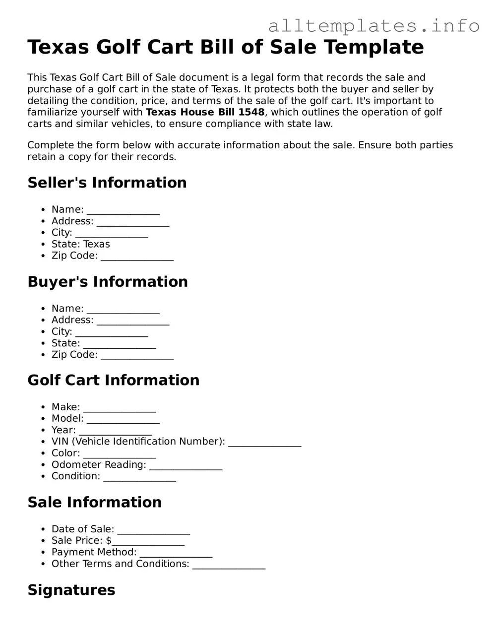 Attorney-Approved  Golf Cart Bill of Sale Document for Texas