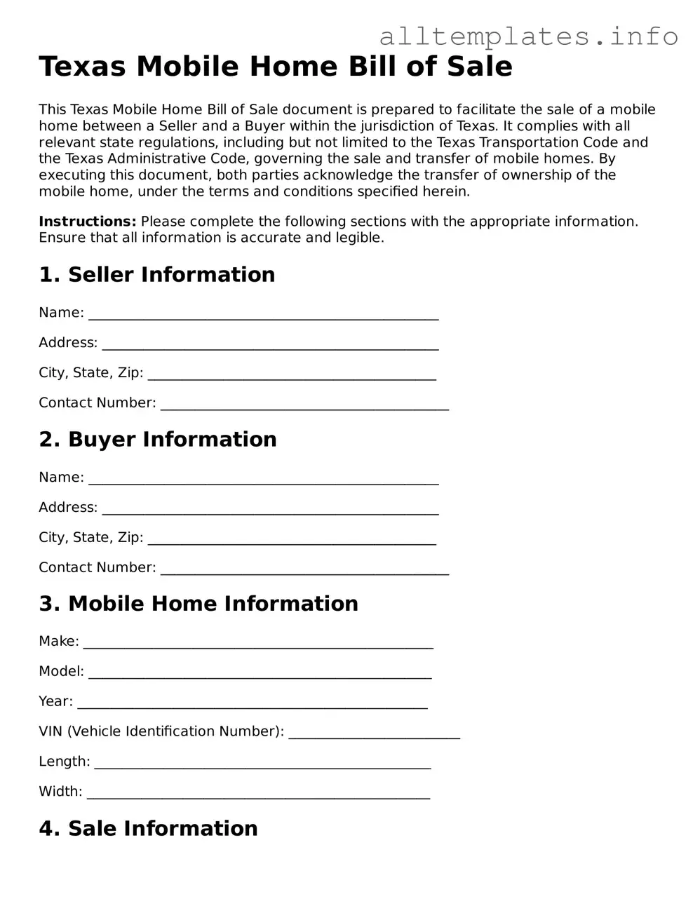 Attorney-Approved  Mobile Home Bill of Sale Document for Texas