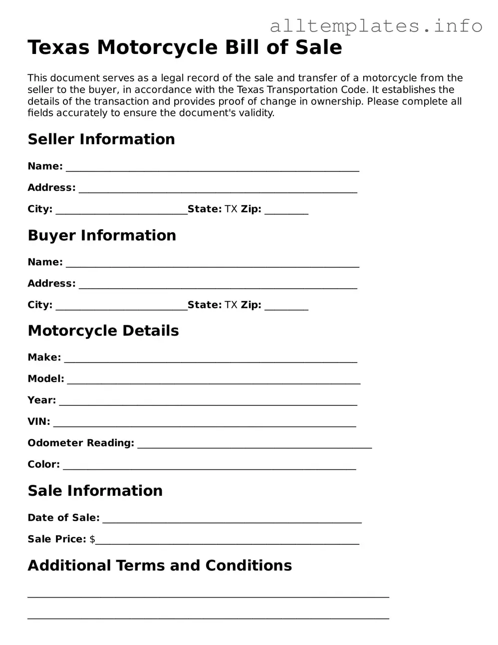 Attorney-Approved  Motorcycle Bill of Sale Document for Texas