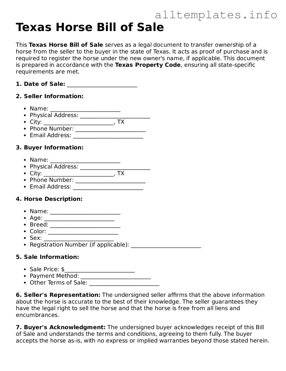 Attorney-Approved  Horse Bill of Sale Document for Texas