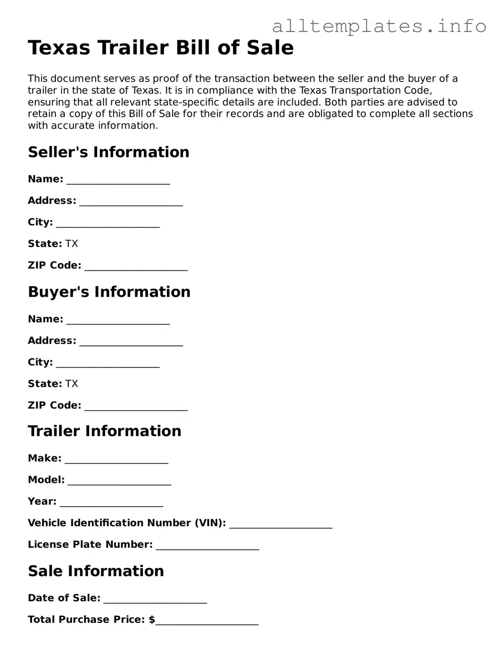 Attorney-Approved  Trailer Bill of Sale Document for Texas