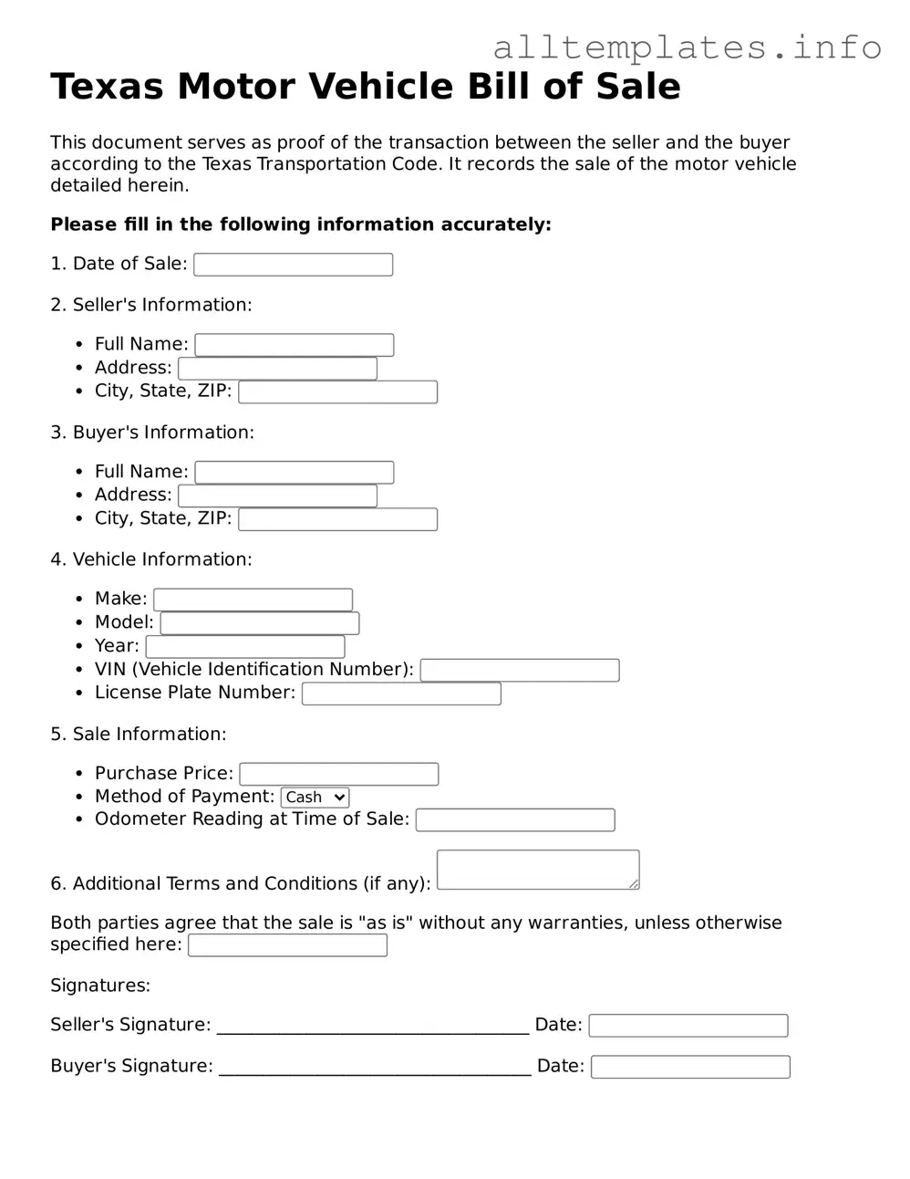 Attorney-Approved  Motor Vehicle Bill of Sale Document for Texas