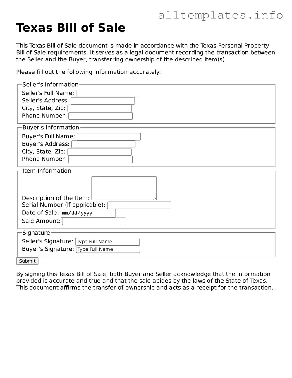 Attorney-Approved  Bill of Sale Document for Texas
