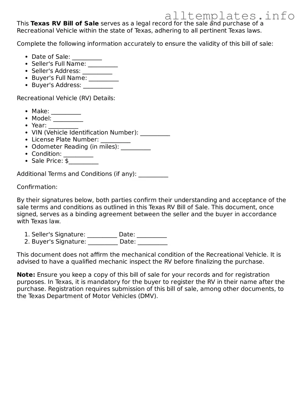 Attorney-Approved  RV Bill of Sale Document for Texas