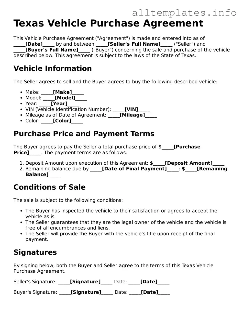 Attorney-Approved  Vehicle Purchase Agreement Document for Texas