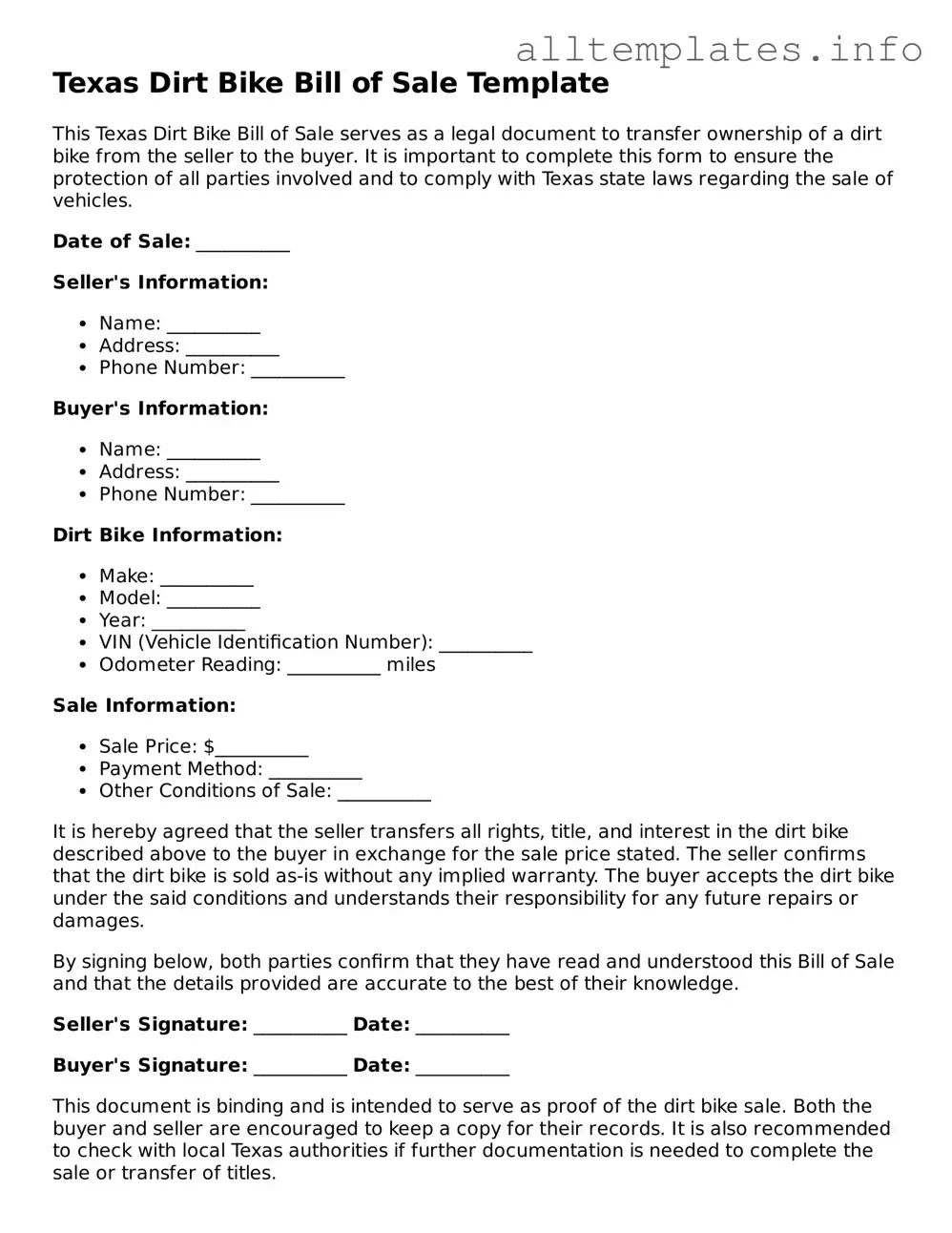 Attorney-Approved  Dirt Bike Bill of Sale Document for Texas