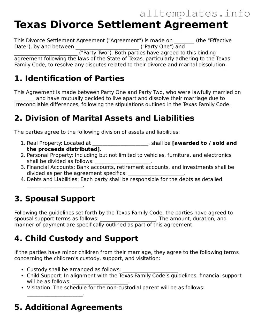 Attorney-Approved  Divorce Settlement Agreement Document for Texas