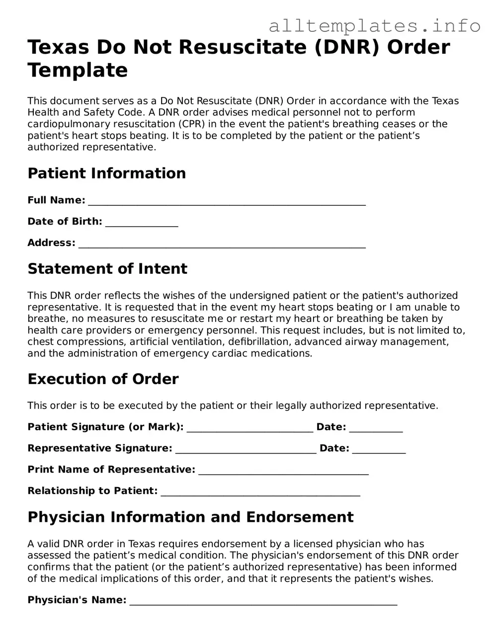 Attorney-Approved  Do Not Resuscitate Order Document for Texas