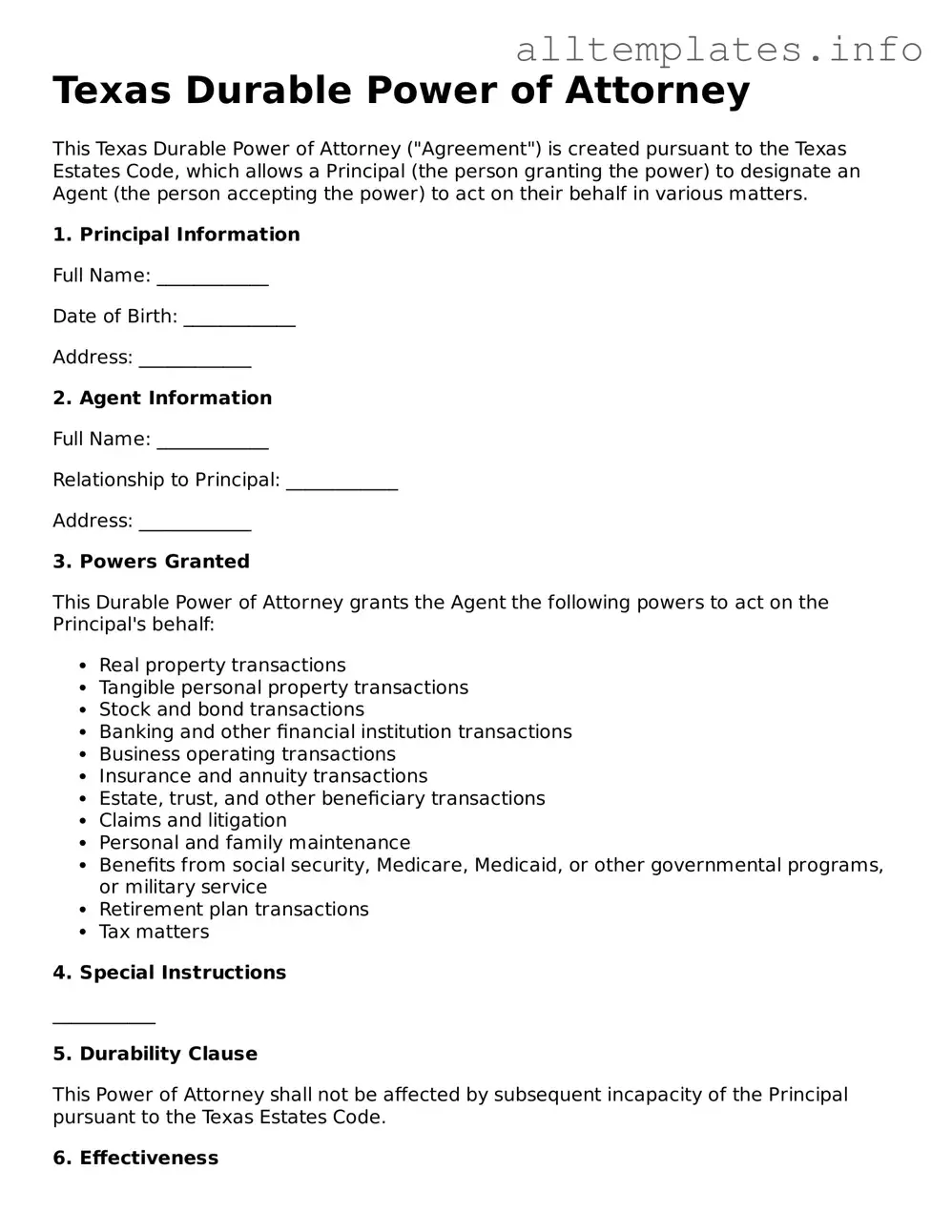 Attorney-Approved  Durable Power of Attorney Document for Texas