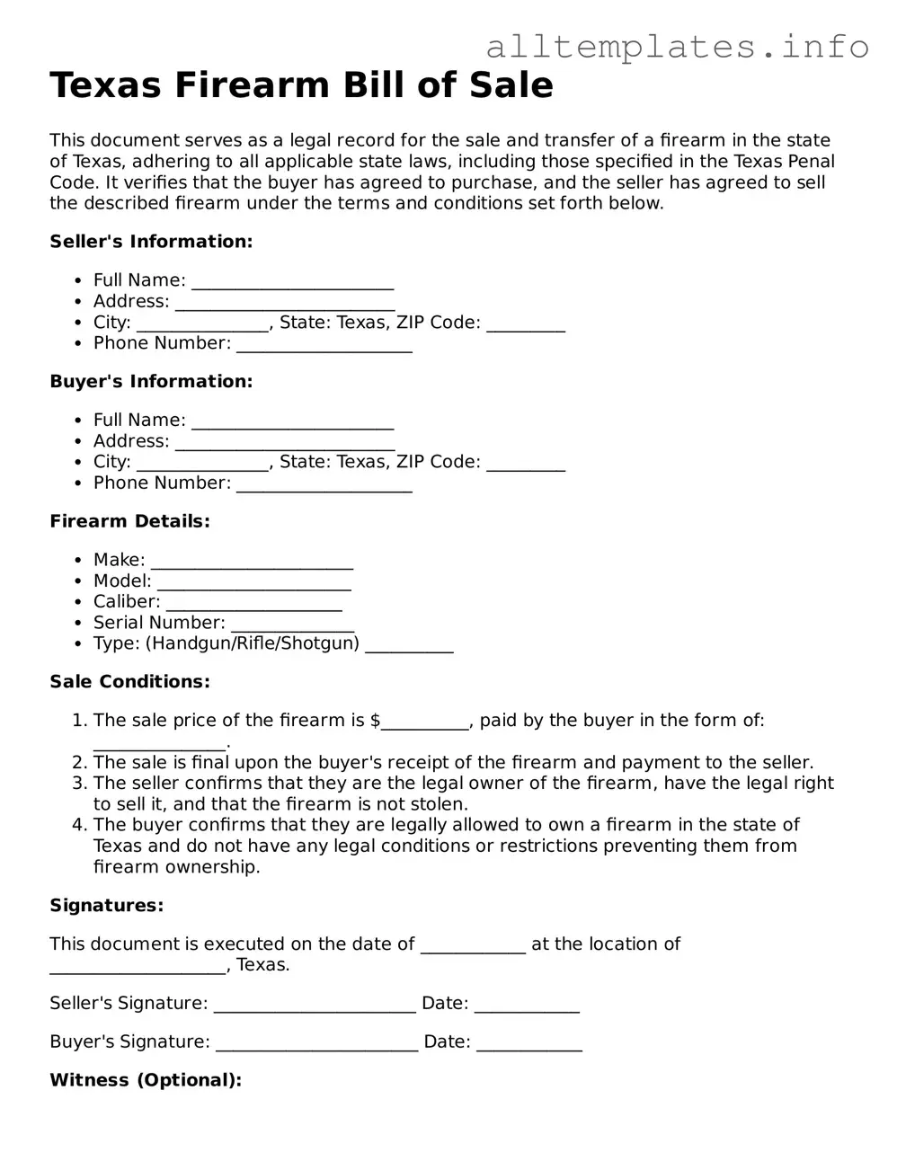 Attorney-Approved  Firearm Bill of Sale Document for Texas