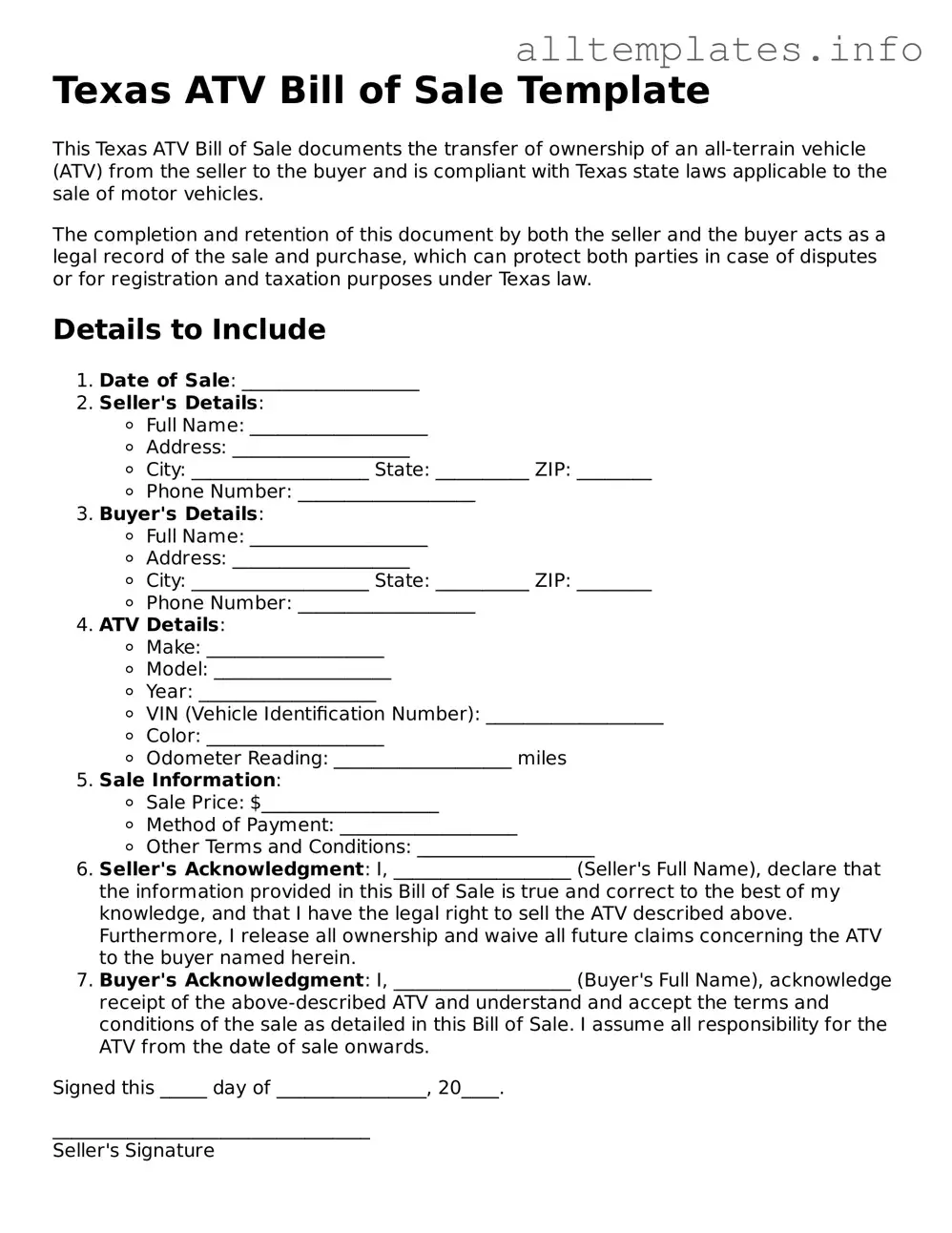 Attorney-Approved  ATV Bill of Sale Document for Texas