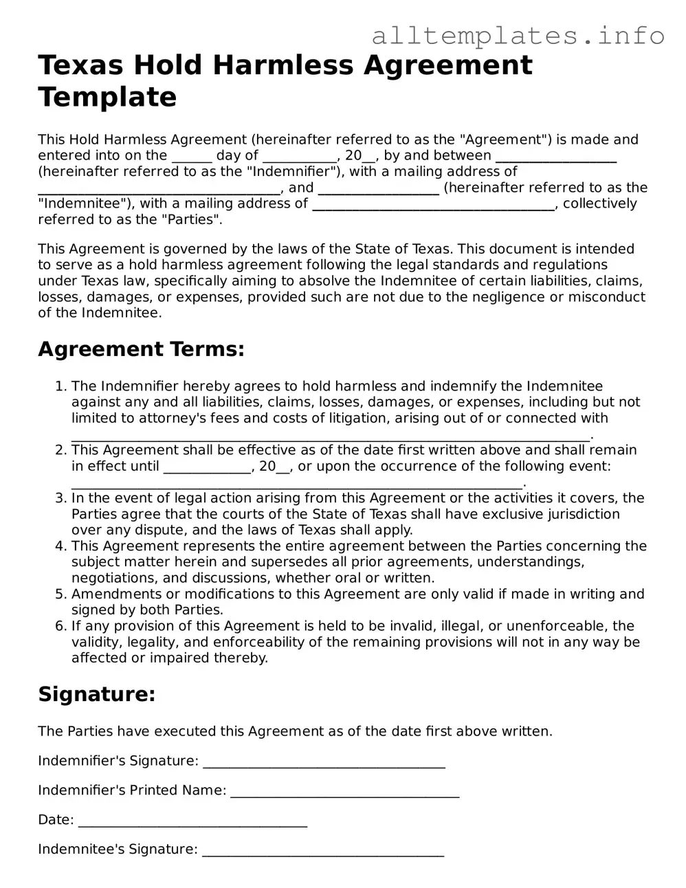 Attorney-Approved  Hold Harmless Agreement Document for Texas