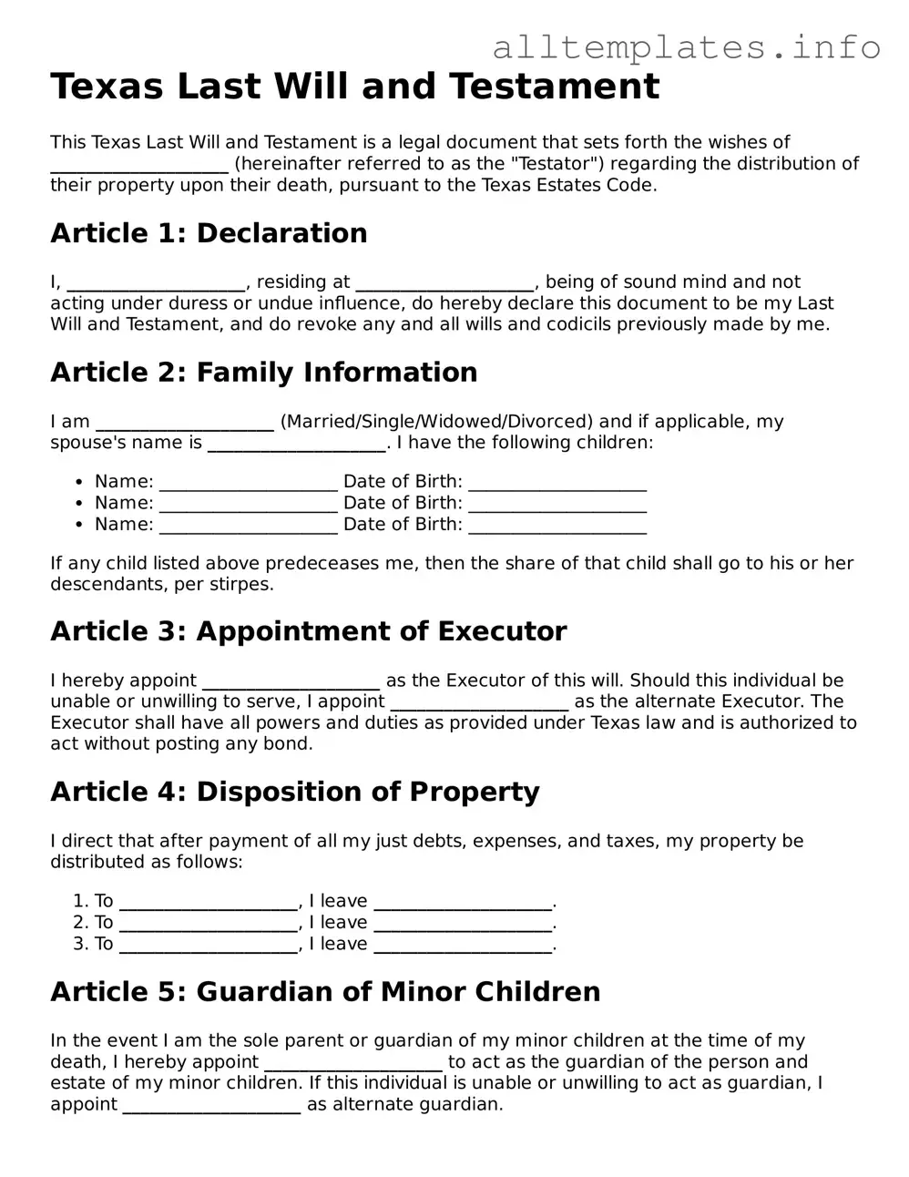 Attorney-Approved  Last Will and Testament Document for Texas