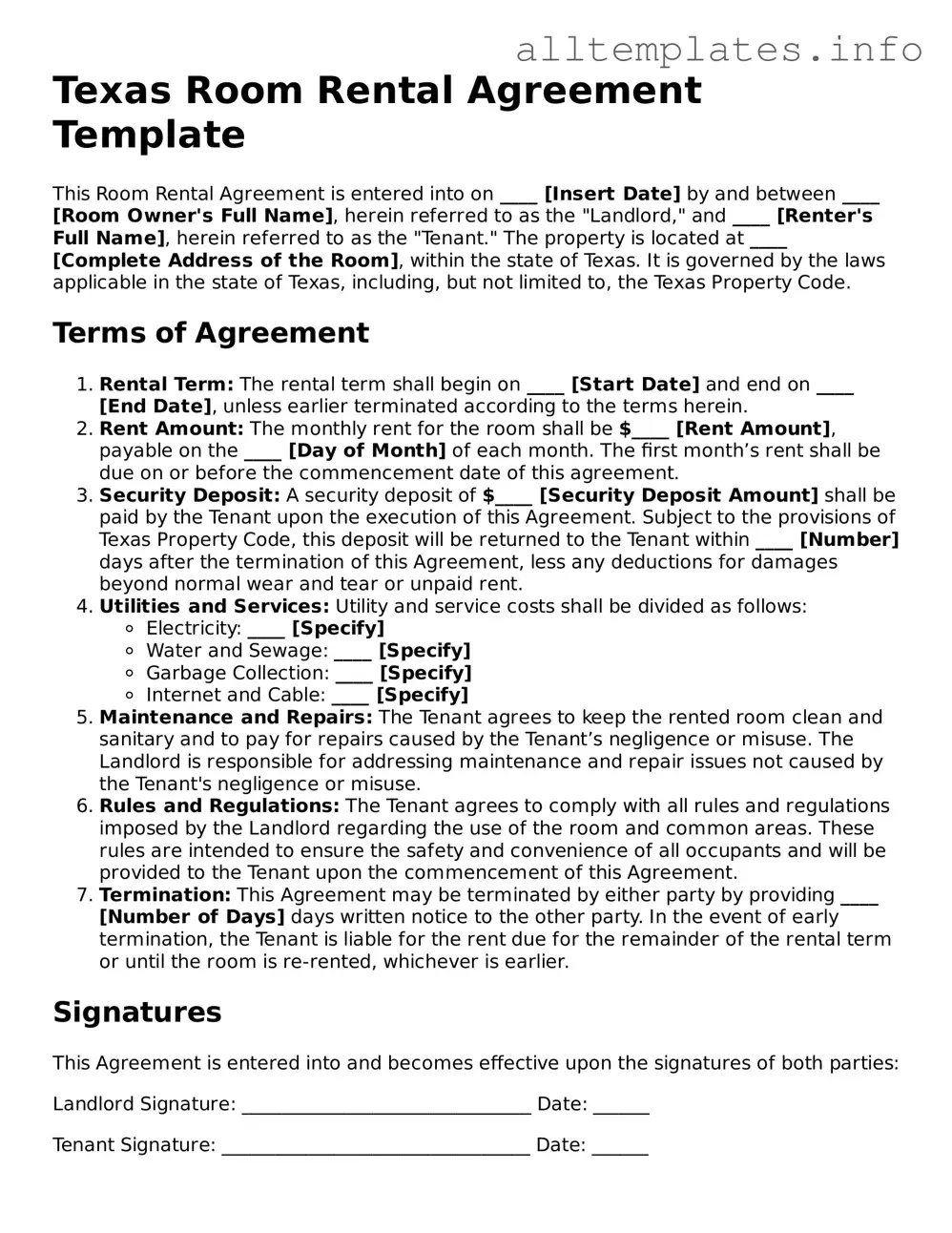 Attorney-Approved  Room Rental Agreement Document for Texas