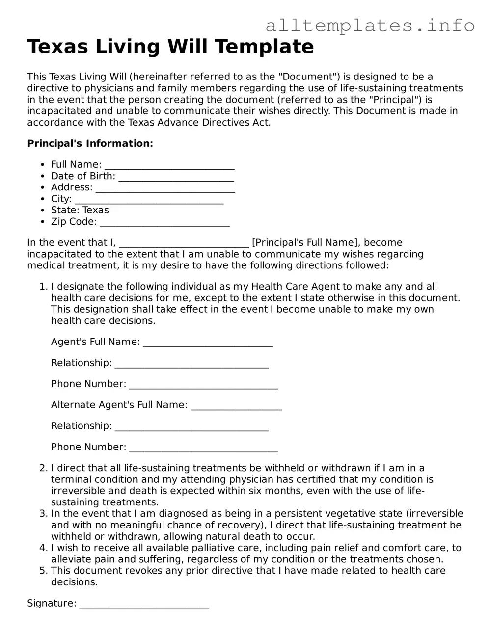 Attorney-Approved  Living Will Document for Texas