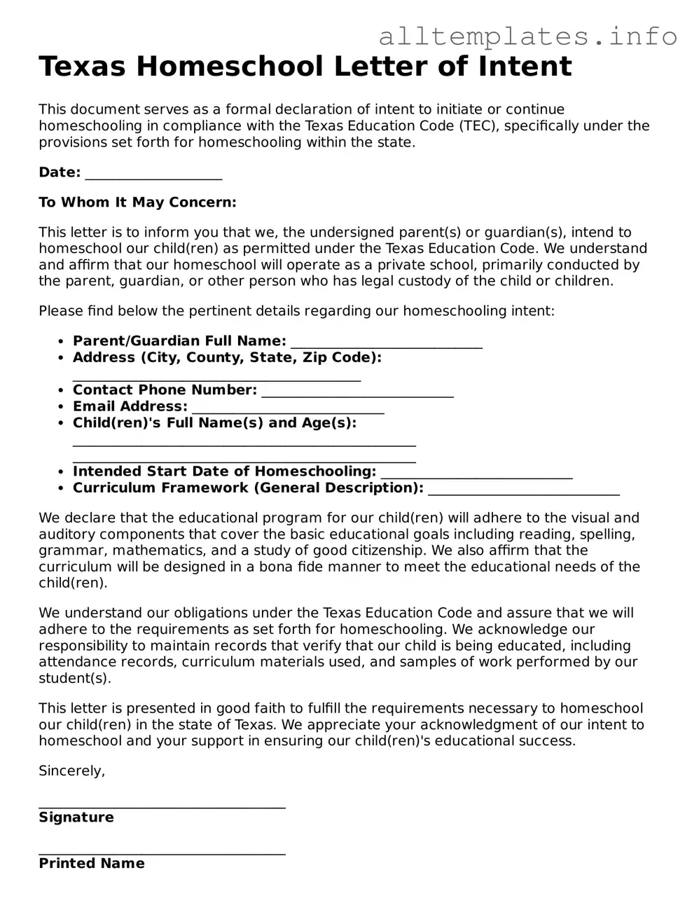 Attorney-Approved  Homeschool Letter of Intent Document for Texas