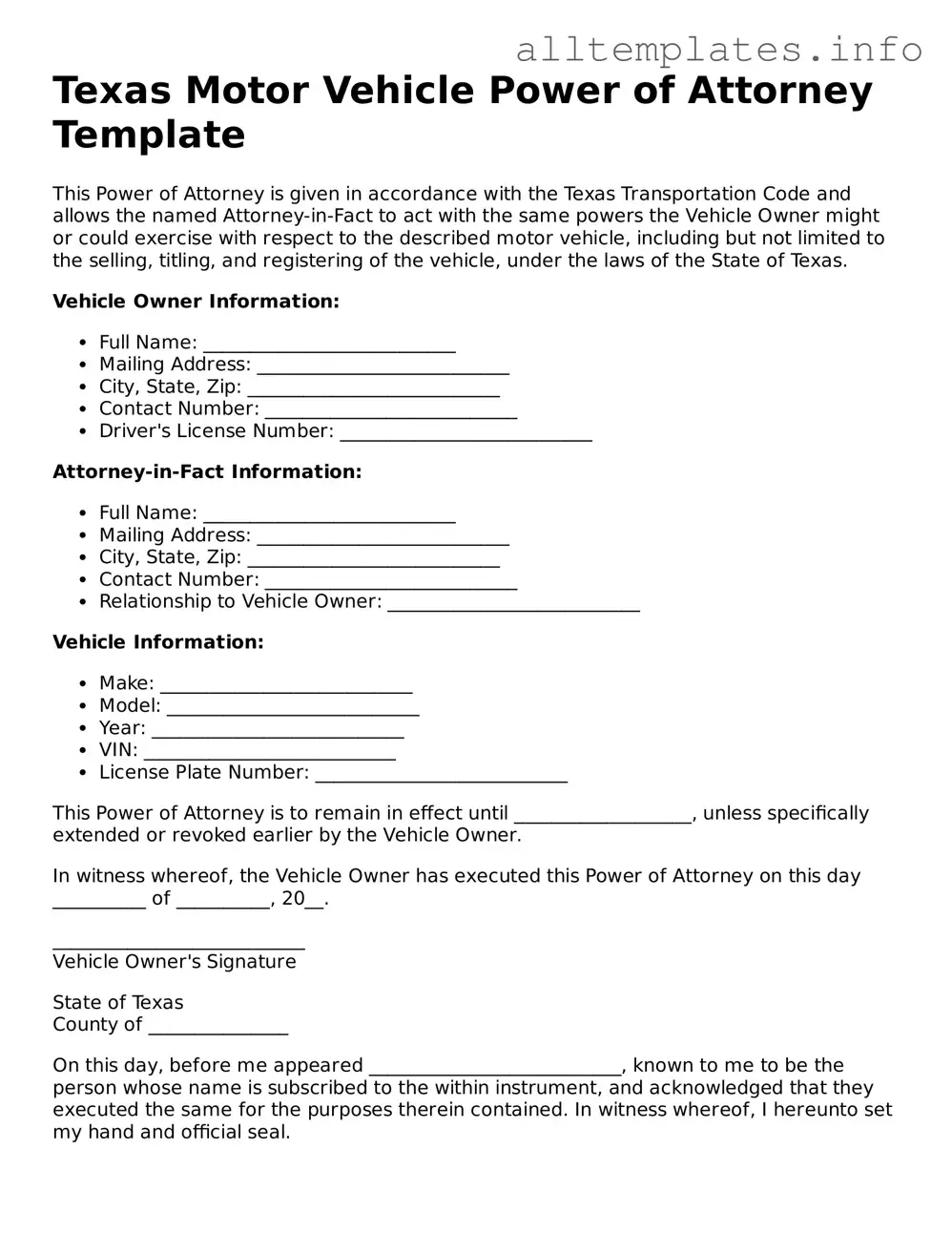 Attorney-Approved  Motor Vehicle Power of Attorney Document for Texas