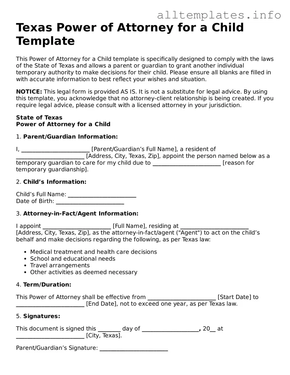 Attorney-Approved  Power of Attorney for a Child Document for Texas