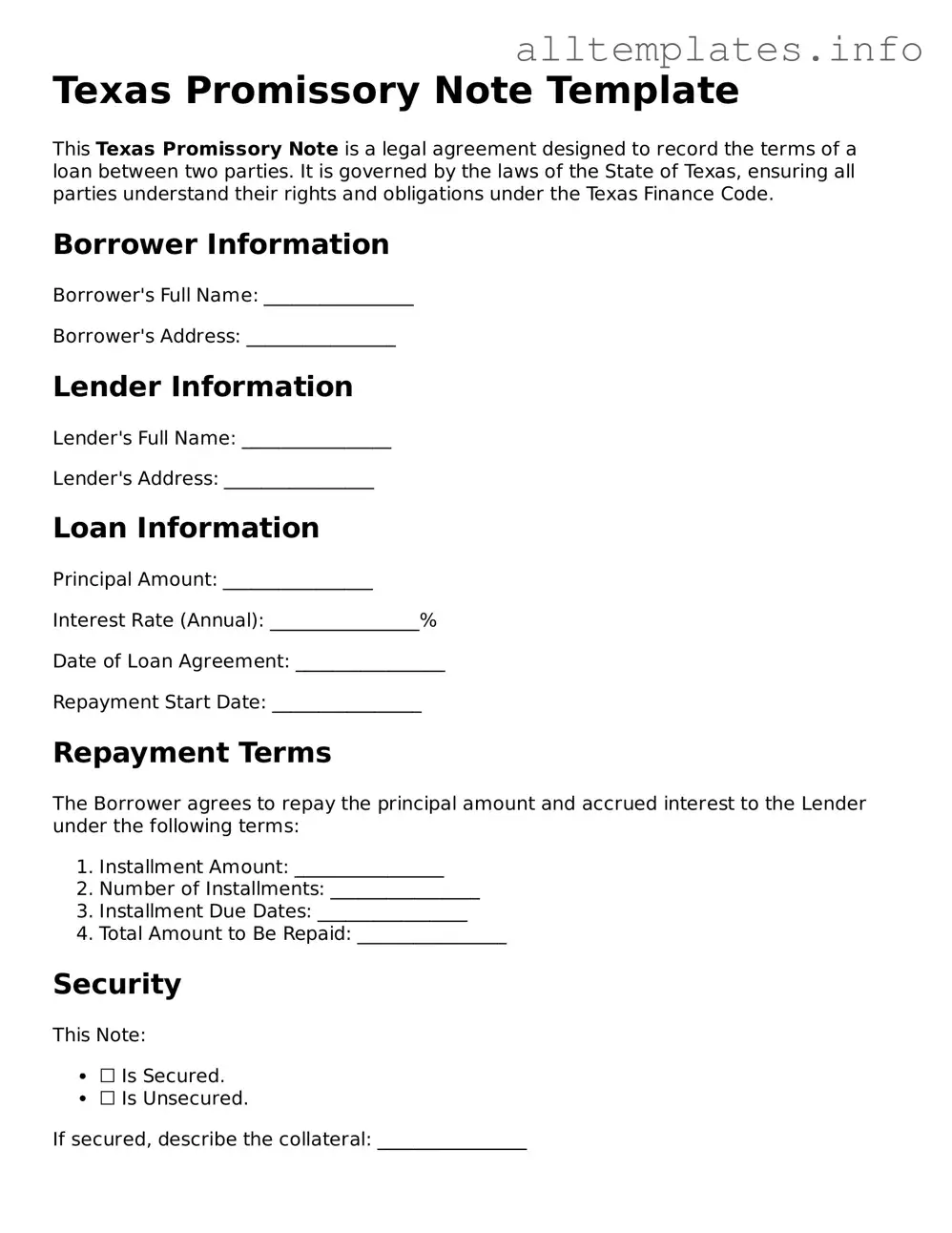 Attorney-Approved  Promissory Note Document for Texas