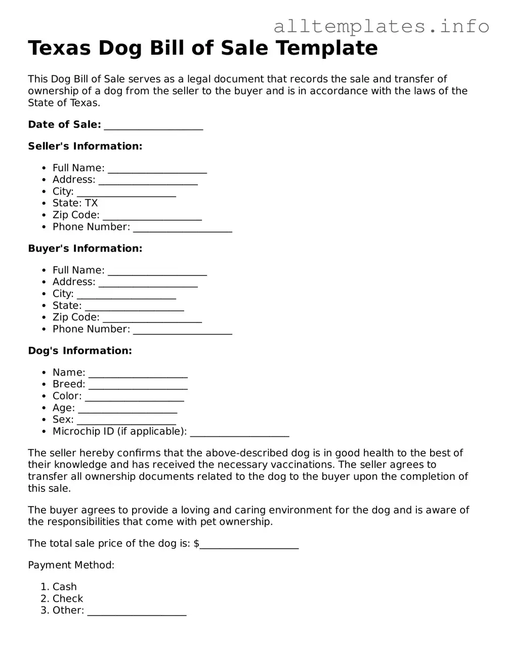 Attorney-Approved  Dog Bill of Sale Document for Texas