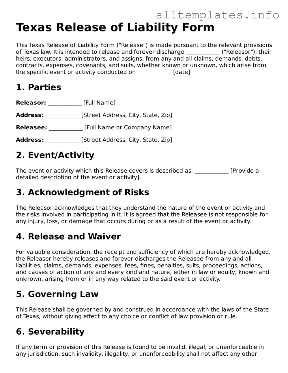 Attorney-Approved  Release of Liability Document for Texas