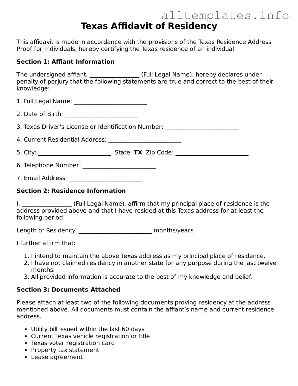 Attorney-Approved  Affidavit of Residency Document for Texas