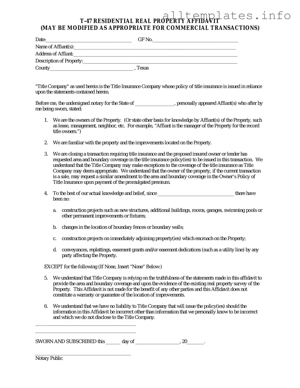 Fill Your Texas residential property affidavit T-47 Template