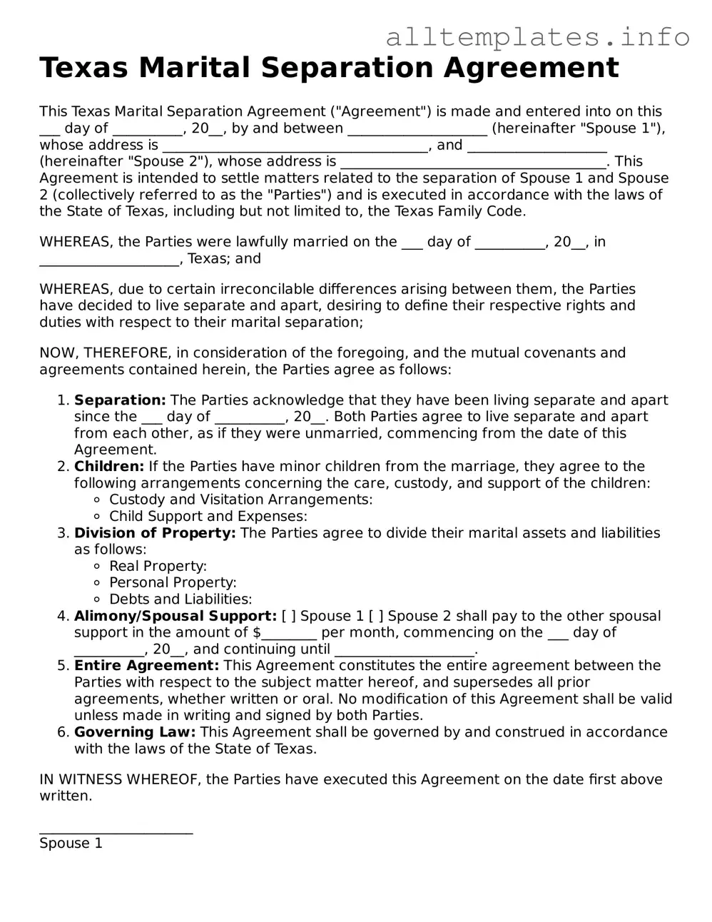 Attorney-Approved  Marital Separation Agreement Document for Texas