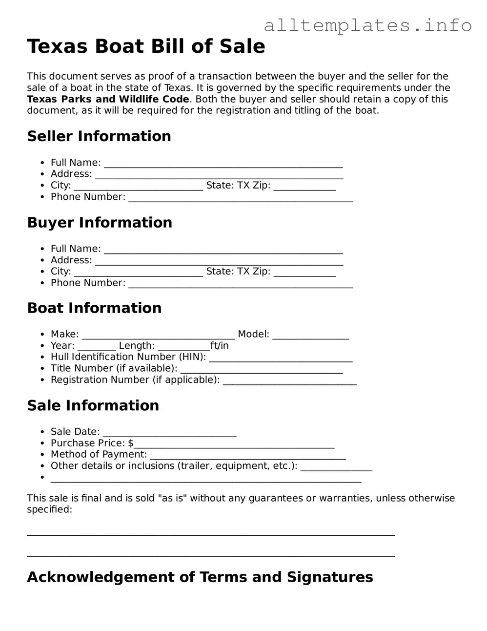 Attorney-Approved  Boat Bill of Sale Document for Texas