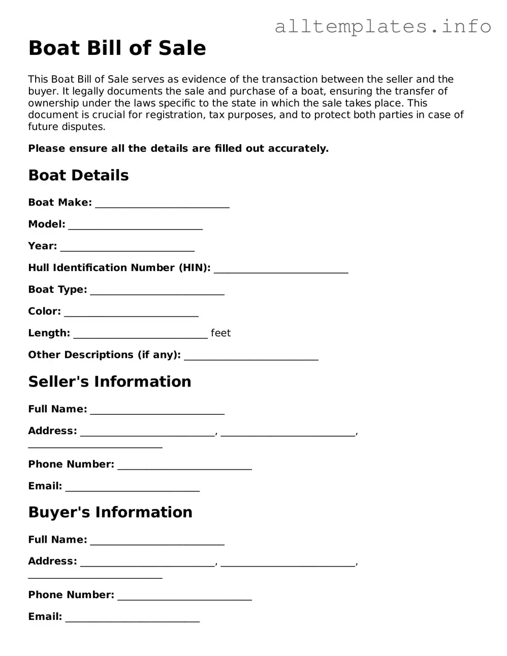 Fillable Boat Bill of Sale Document