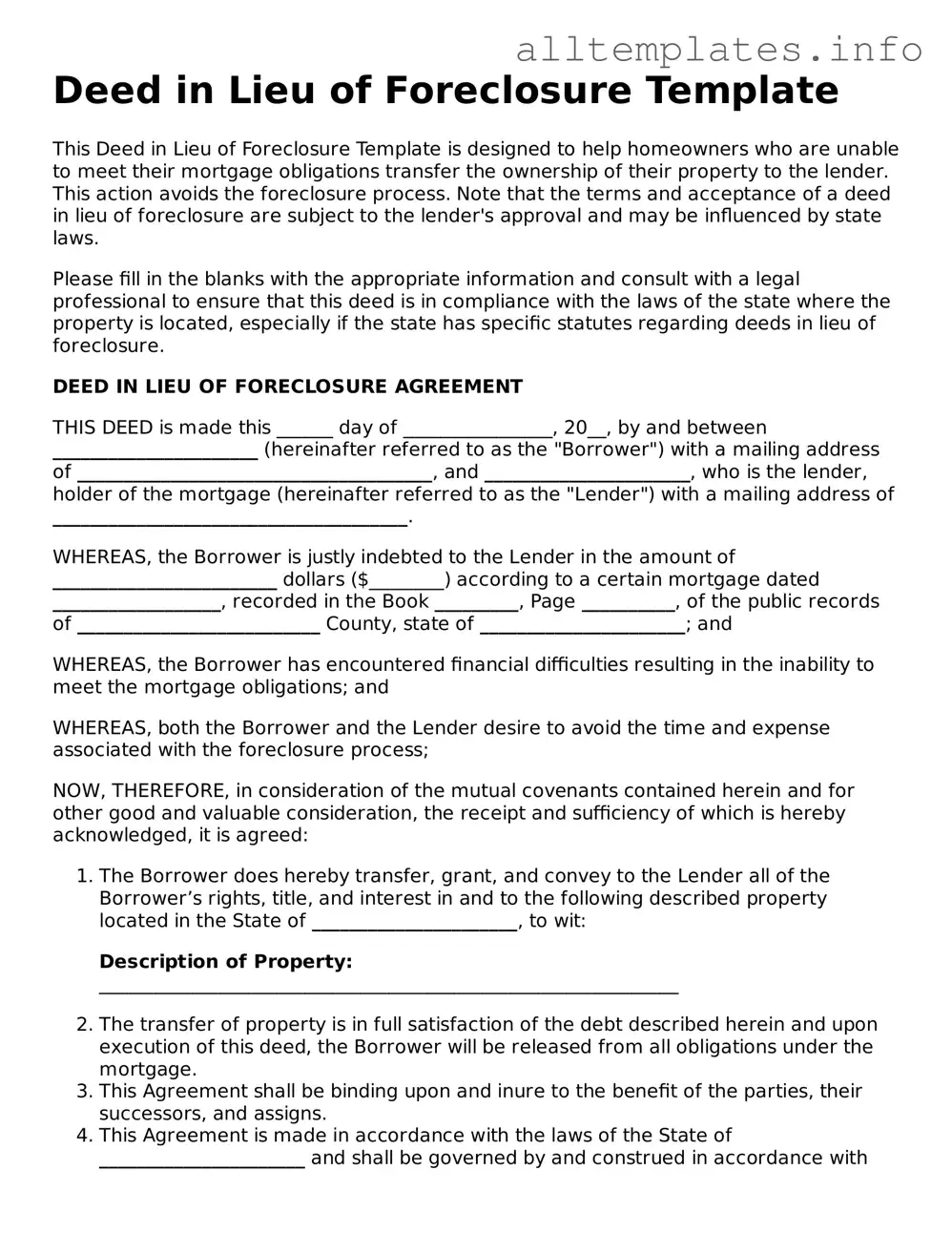 Fillable Deed in Lieu of Foreclosure Document